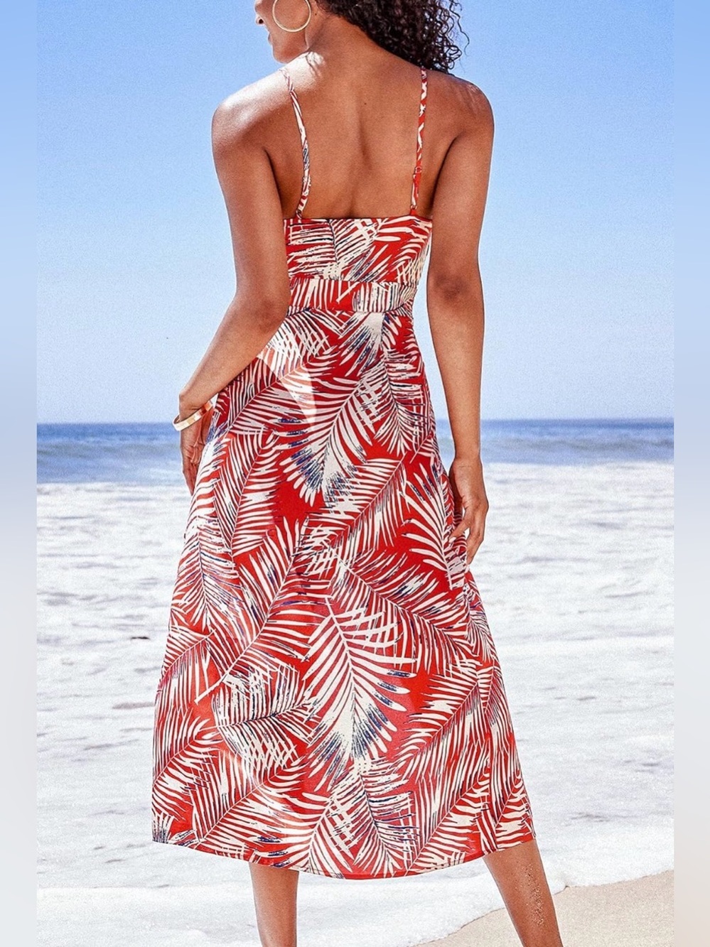 CUPSHE Red Palm Leaf Print Knot V Neck Dress size large - Picture 2 of 7